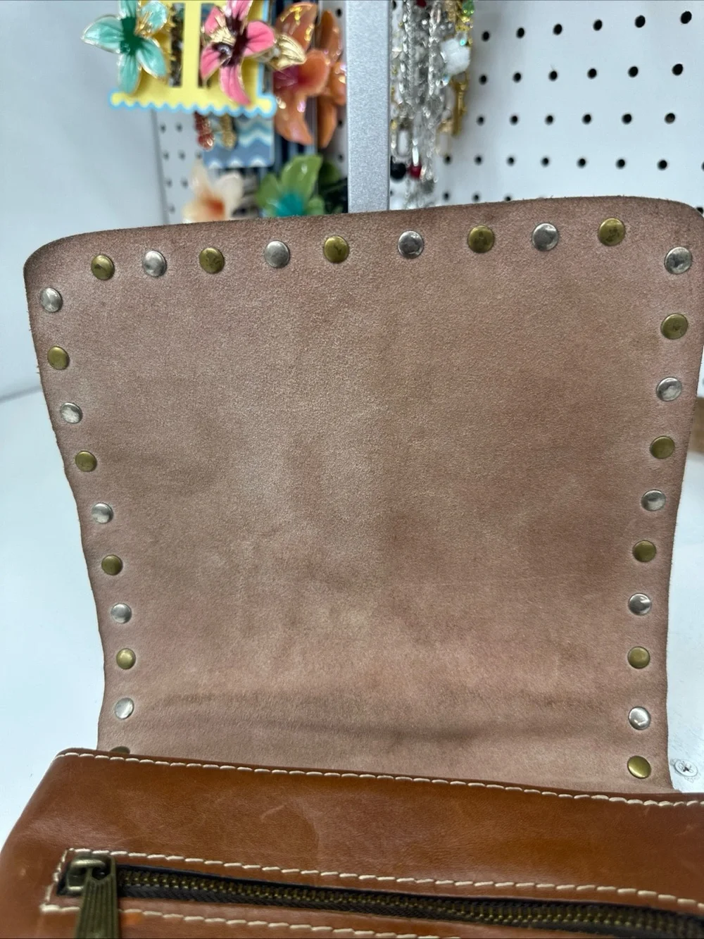 Patricia Nash  Studded Tan Leather  Flap Over Crossbody Handbag